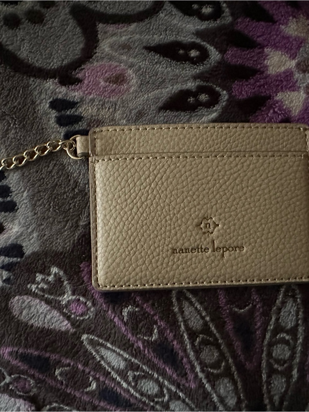 Nanette Lepore Taupe Pebbled Leather Card & Key Holder with Gold Chain